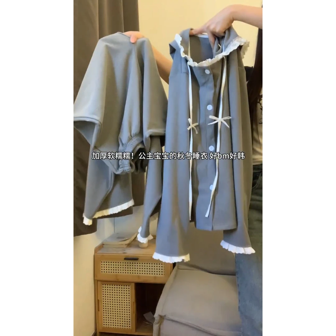 韩版显瘦花边连帽长袖睡衣女春秋新款拼接系带宽松长裤家居服套装