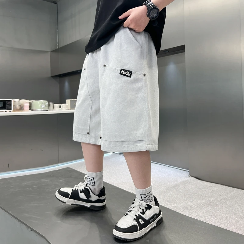 男童夏季短款牛仔裤2025新款纯色休闲风中裤中大童宽松透气裤子潮