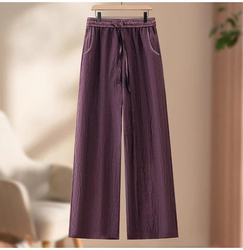 100%醋酸龟裂纹休闲阔腿裤女夏季机场薄款宽松平底直筒裤子2671