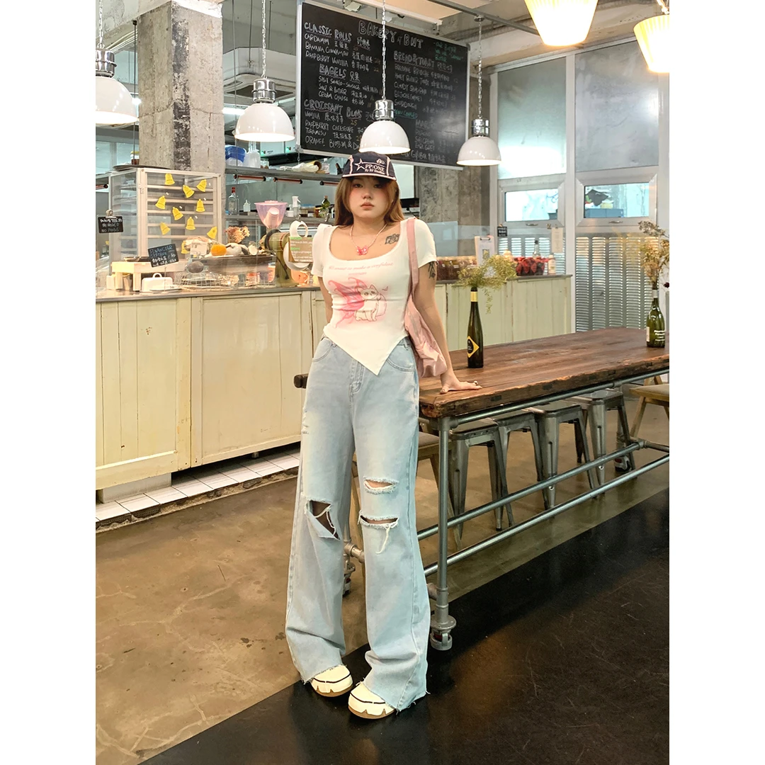 清清-美式破洞宽松直筒牛仔裤女新款牛仔裤子AA242K0049