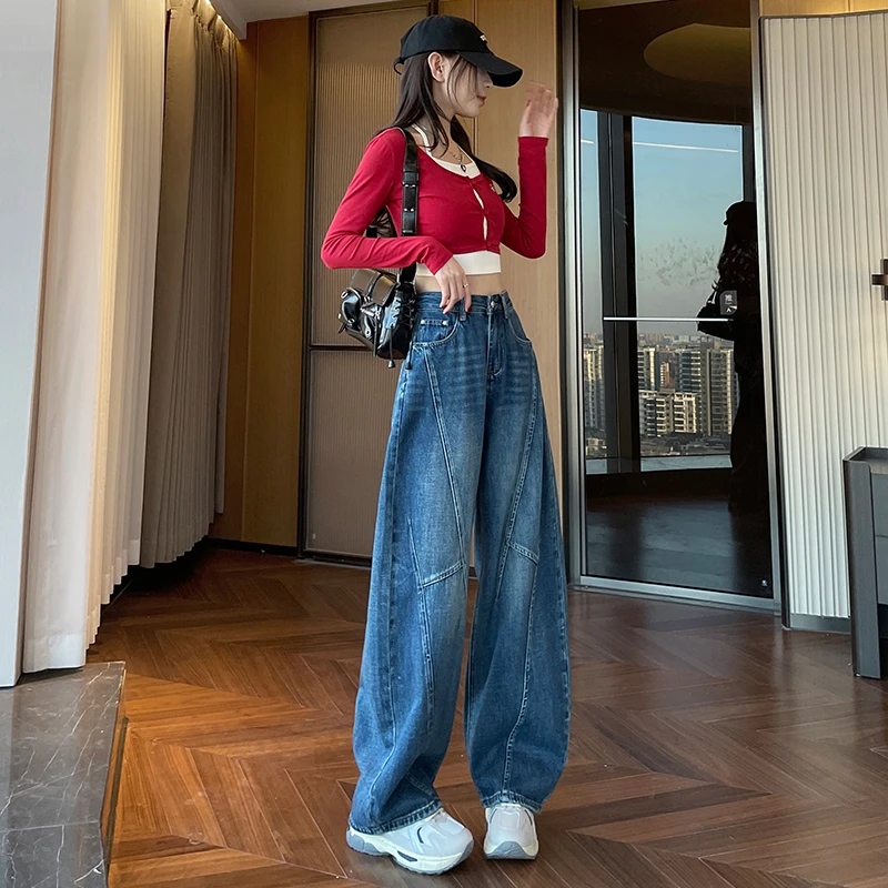 浅色阔腿牛仔裤女春秋季2025年新款春装高腰宽松显瘦弯刀直筒裤子