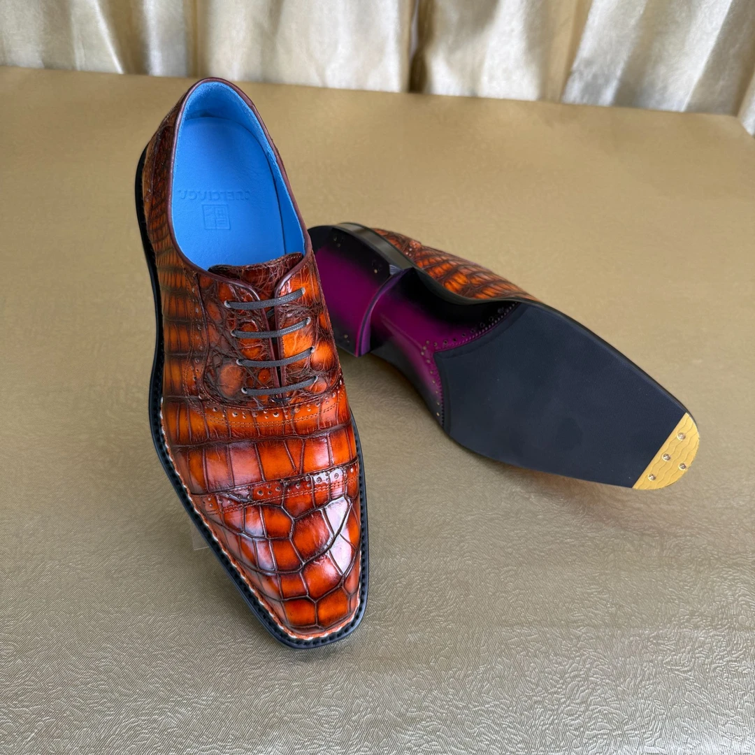 鳄鱼皮男士正装鞋高端皮鞋挪威缝纯手工固特异时尚男款真皮红色