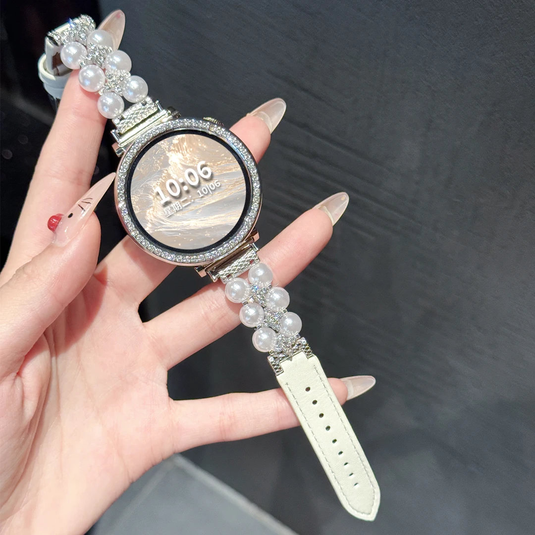 适用于华为gt5/gt4手表表带gt6珍珠镶钻拼皮gt6pro/5pro腕带配件