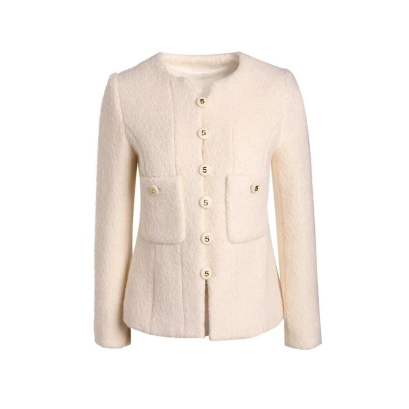 圆领复古高级感短款毛呢气质时尚收腰修身显瘦长袖外套白色0031