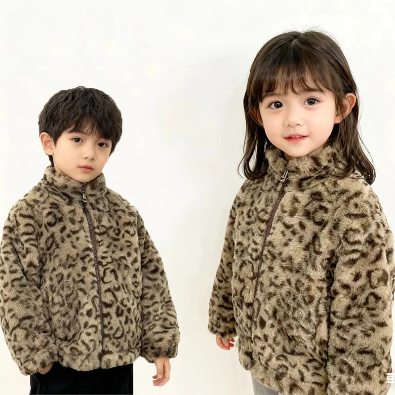 2025冬季豹纹加绒外套男女童秋冬厚款百搭洋气中大童