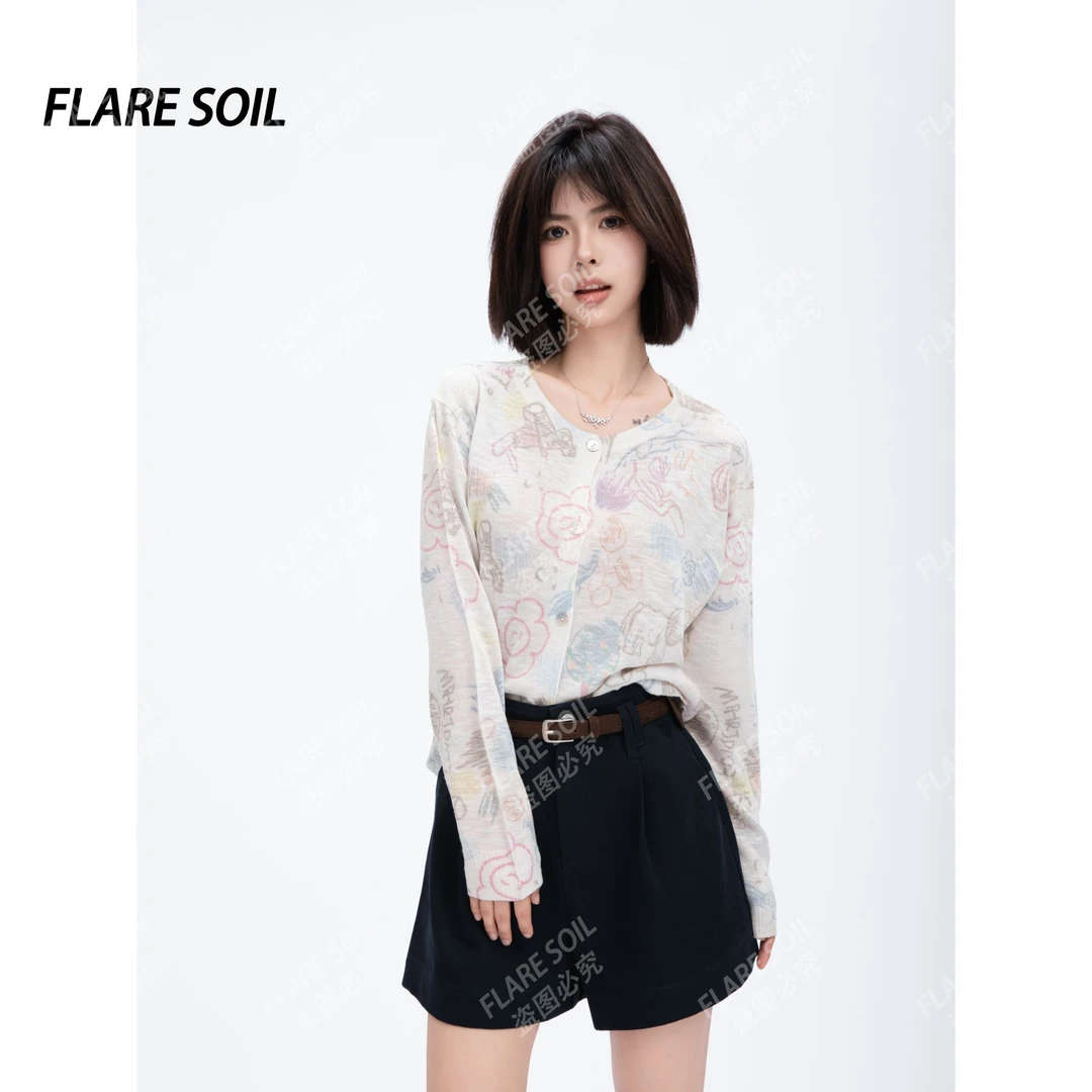 【FLARE SOIL】（现货）衬衫涂鸦印花休闲毛针织衫卡通开衫 T4363A