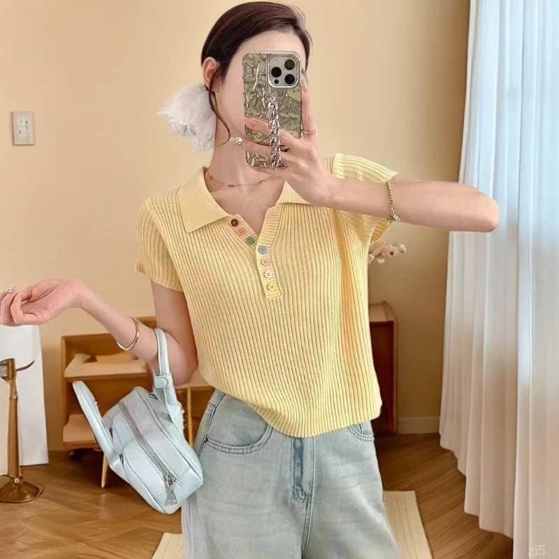韩系正肩彩色纽扣温柔风针织T恤女2025夏季新款打底漂亮修身上衣