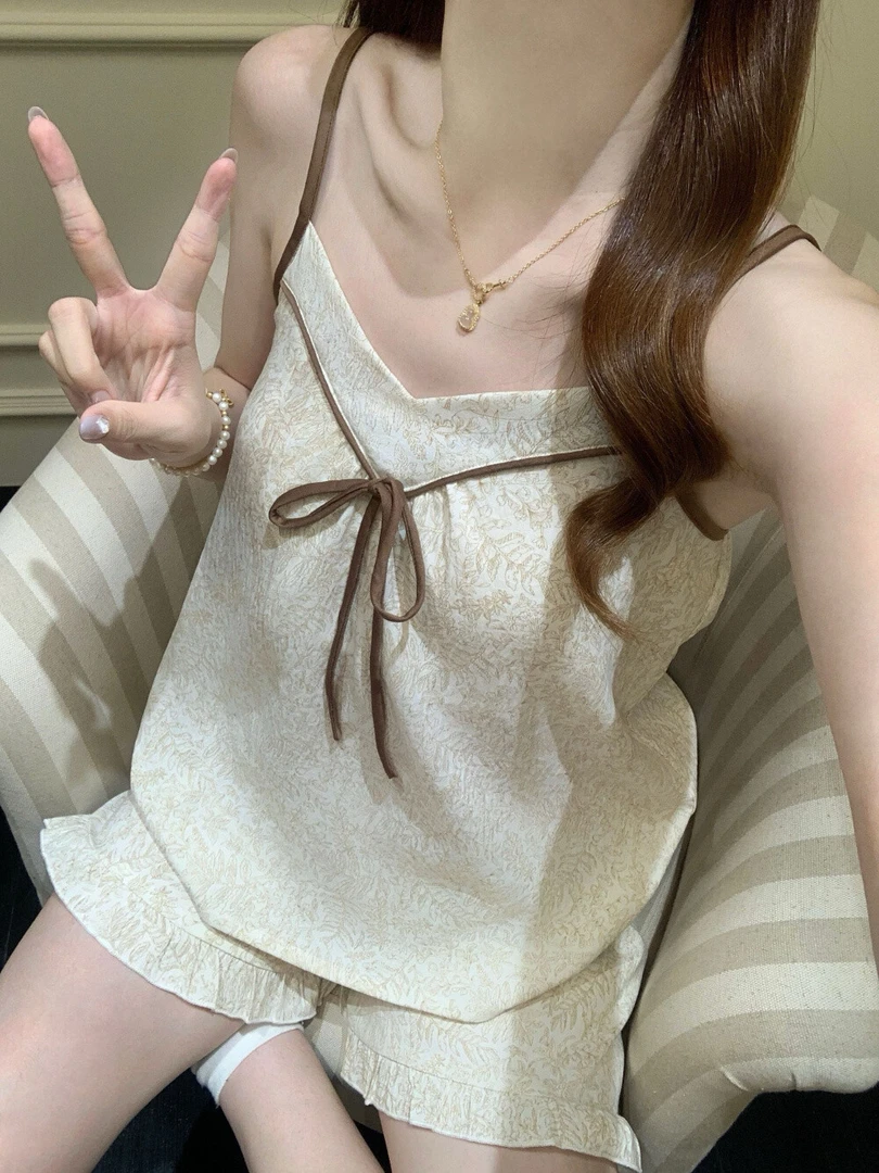 纯色家居服套装小众法式薄款睡衣女夏季设计感甜美可爱显瘦性感