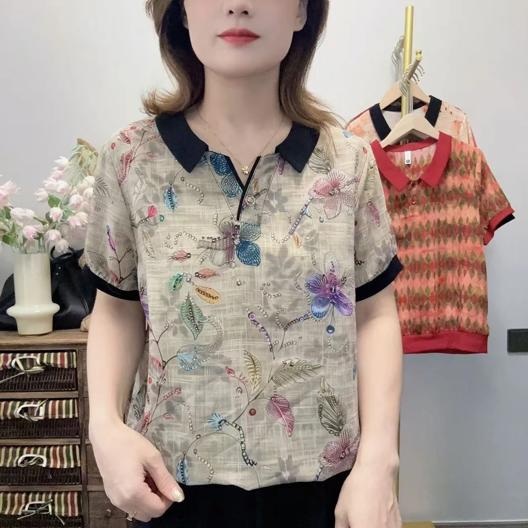 【丽姐家】夏季新款妈妈装短袖时尚洋气宽松百搭翻领女士上衣