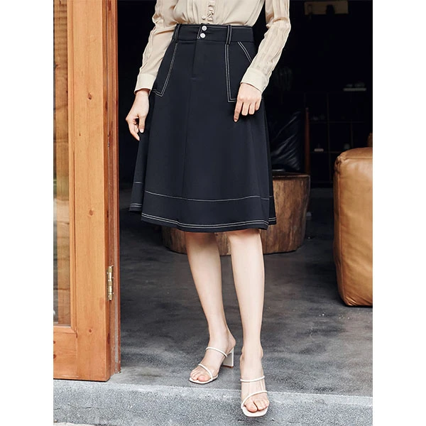 【小陈甄选】7164藏青色显瘦中长款高腰气质垂感半身裙优雅百搭