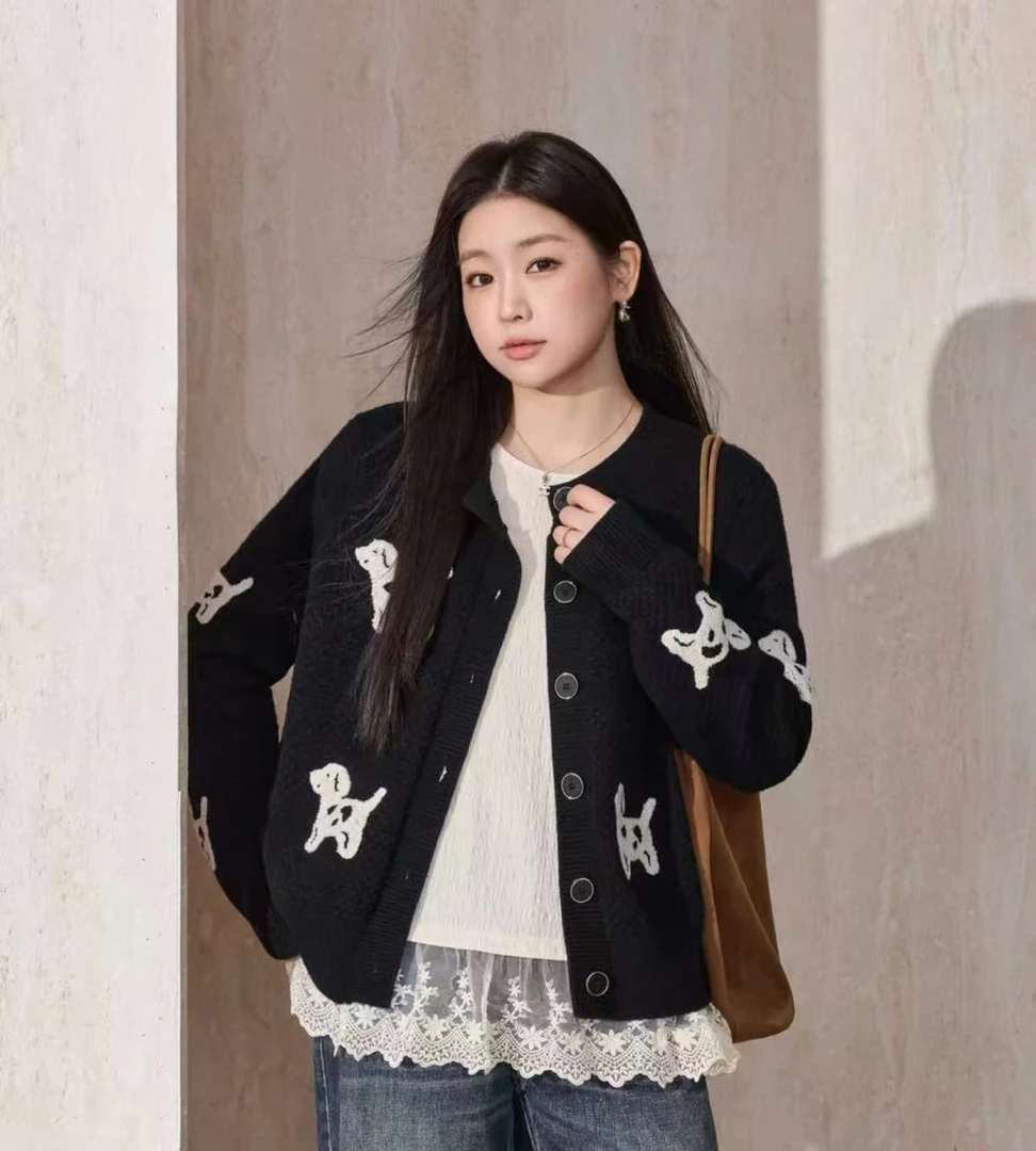 新款法式慵懒风秋冬小狗提花宽松针织开衫外套+蕾丝花边内搭
