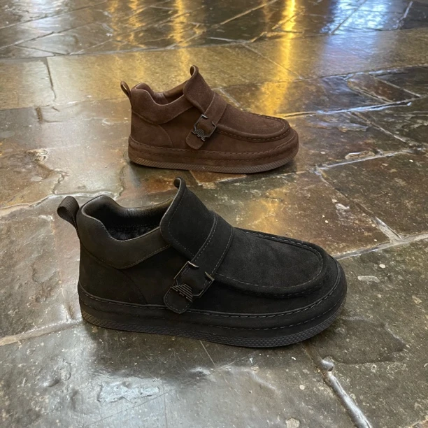 英伦风（广州）纯牛皮加绒素面复古休闲潮流舒适保暖男士冬季短靴