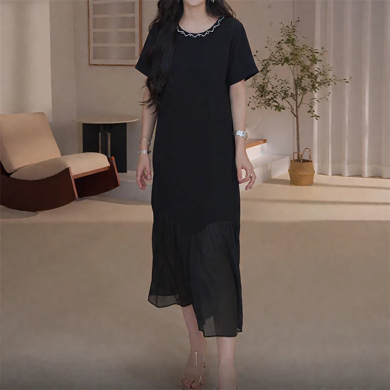 韩版休闲宽松短袖连衣裙女夏季2025新款气质领口带钻网纱拼接裙子