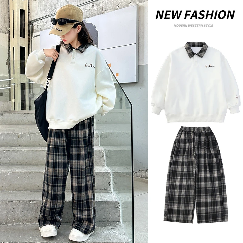 女童春秋休闲卫衣套装2025新款6-12岁15岁中大童洋气格子裤两件套