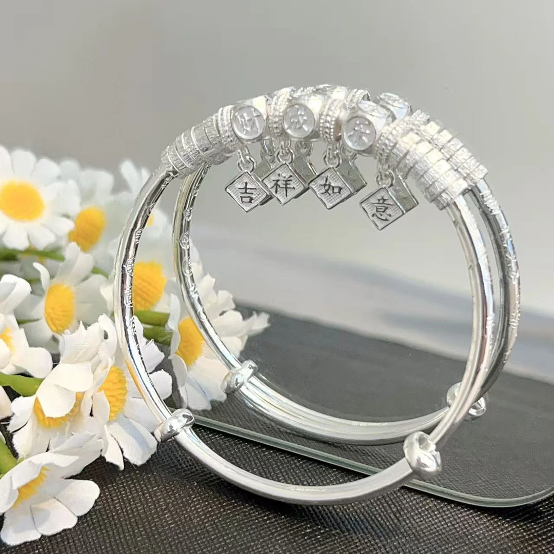 足银手镯 11足银手镯9999纯银吉祥素款轻奢简约可调节民族风通用