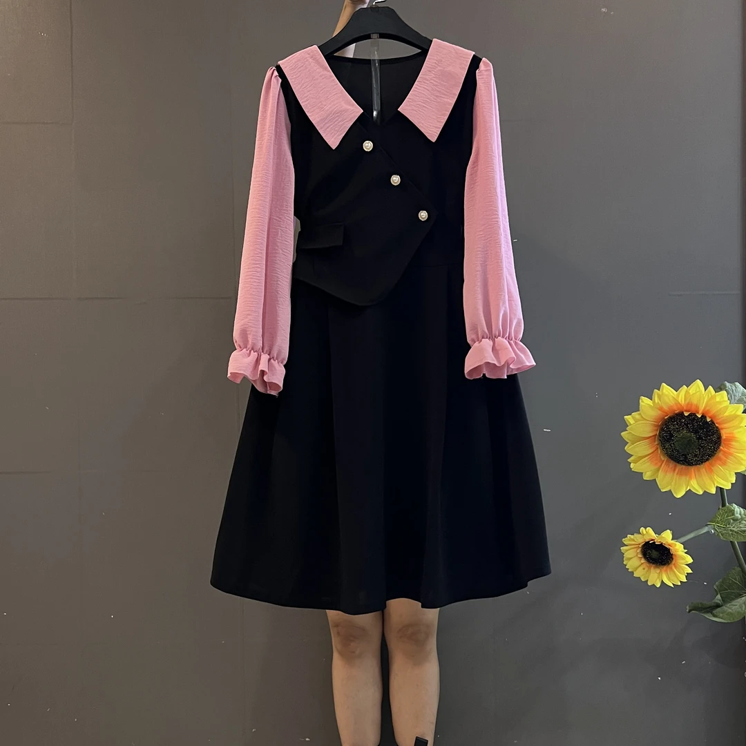 新款时尚简约荷叶领撞色拼接遮肚显瘦大码连衣裙