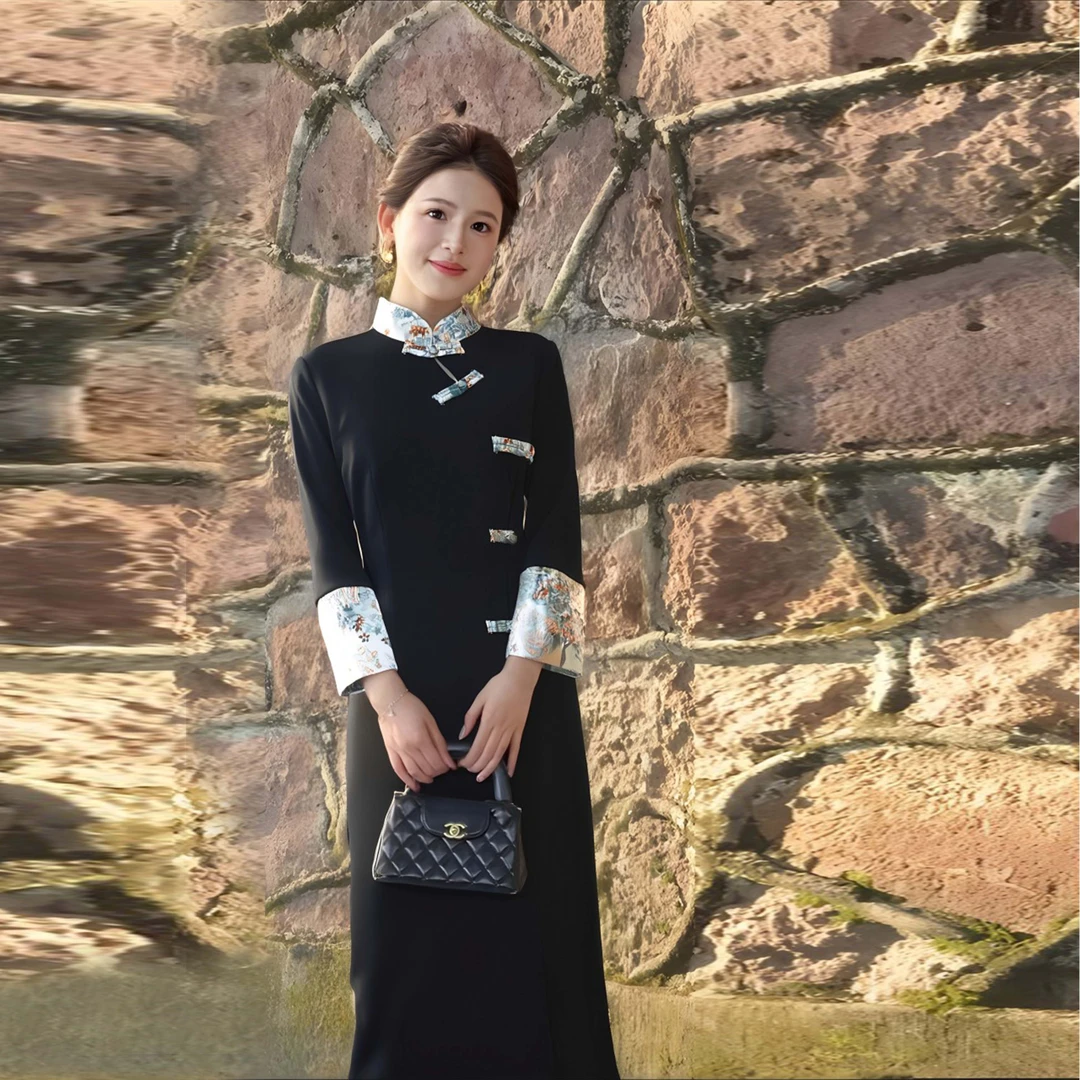 A新中式国风黑色连衣裙女秋2025新款高端精致显瘦气质裙子1973