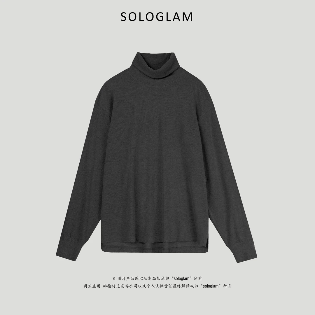 sologlam柔软弹力粘纤棉混纺高领卫衣前短后长侧开叉宽松上衣女