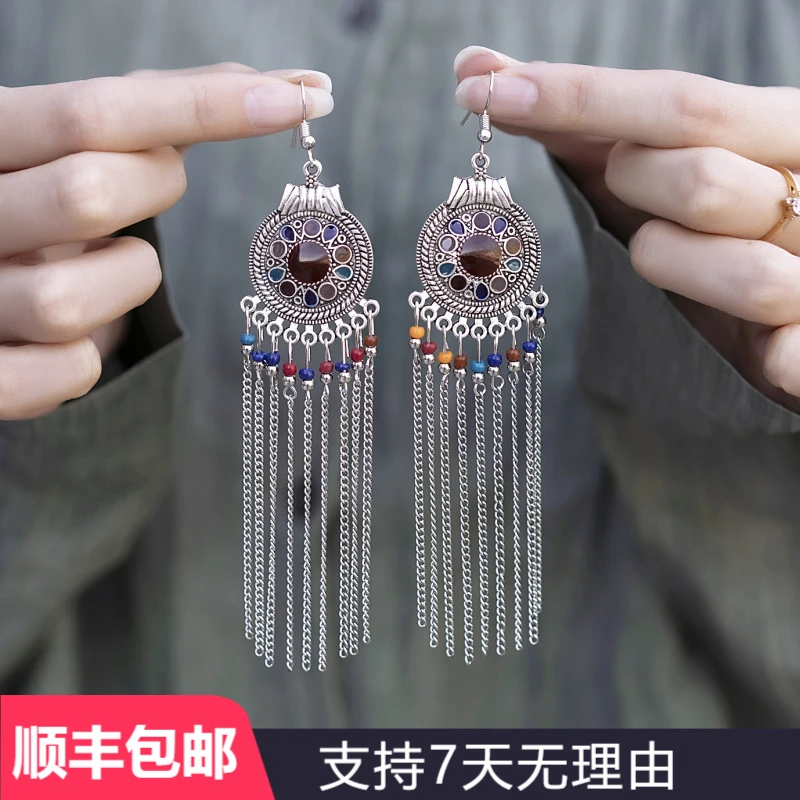 S58足银999耳钩气质轻奢百搭简约长款个性流苏古典耳饰