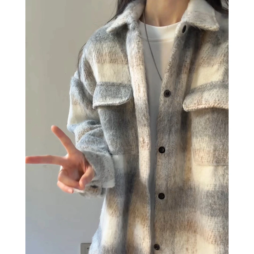 毛呢格子外套男士2025新款秋季美式潮牌青少年宽松翻领衬衫夹克