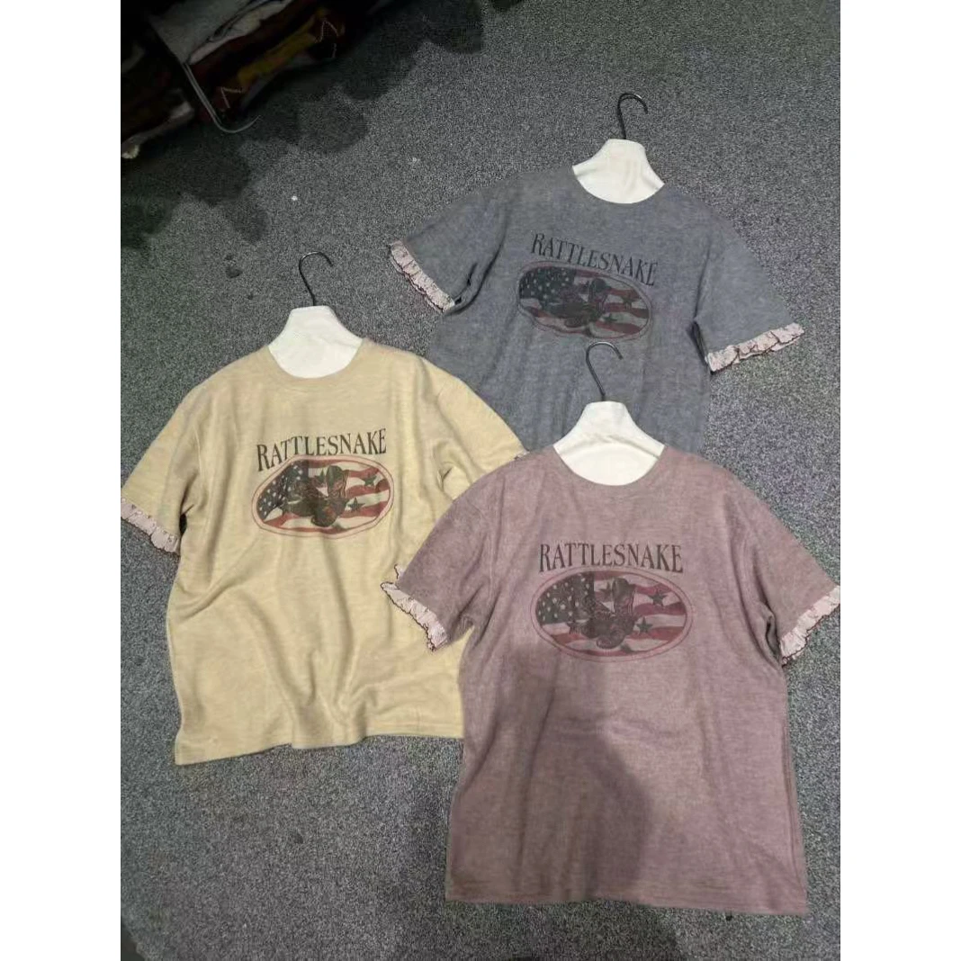 韩系印花拼接花边T恤