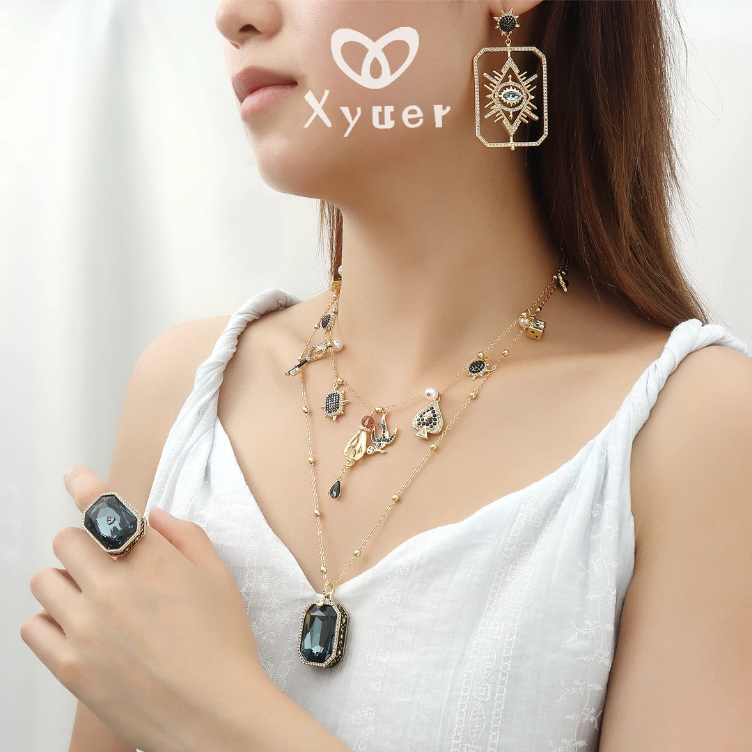 铜合金合成锆石项链 Xyuer谢雨儿翻转燕子立体蓝色水小晶首饰套装
