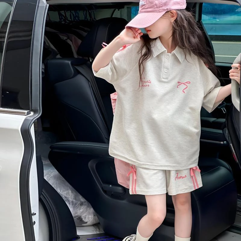 女童夏季运动套装2025新款韩版中大童POLO衫洋气蝴蝶结短裤两件套