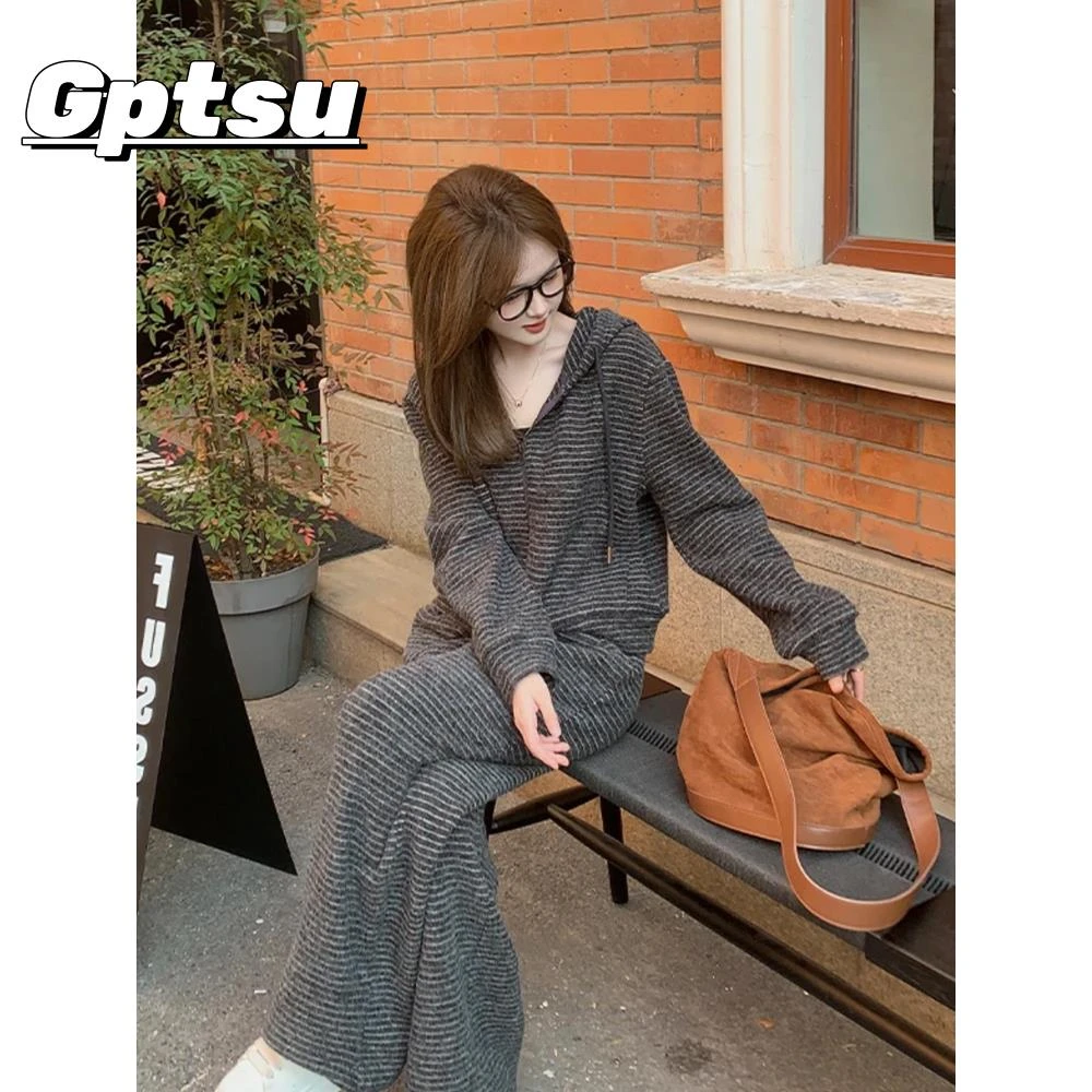GPTSu春秋季新款休闲气质条纹套装女士连帽开衫休闲阔腿裤两件套