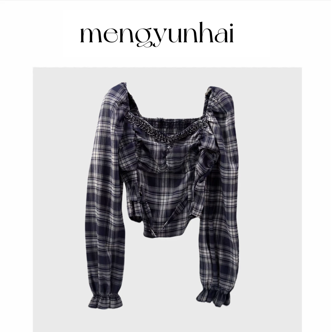 2024秋季短款一字肩长袖衬衫女百搭格子气质洋气显瘦甜美上衣女潮