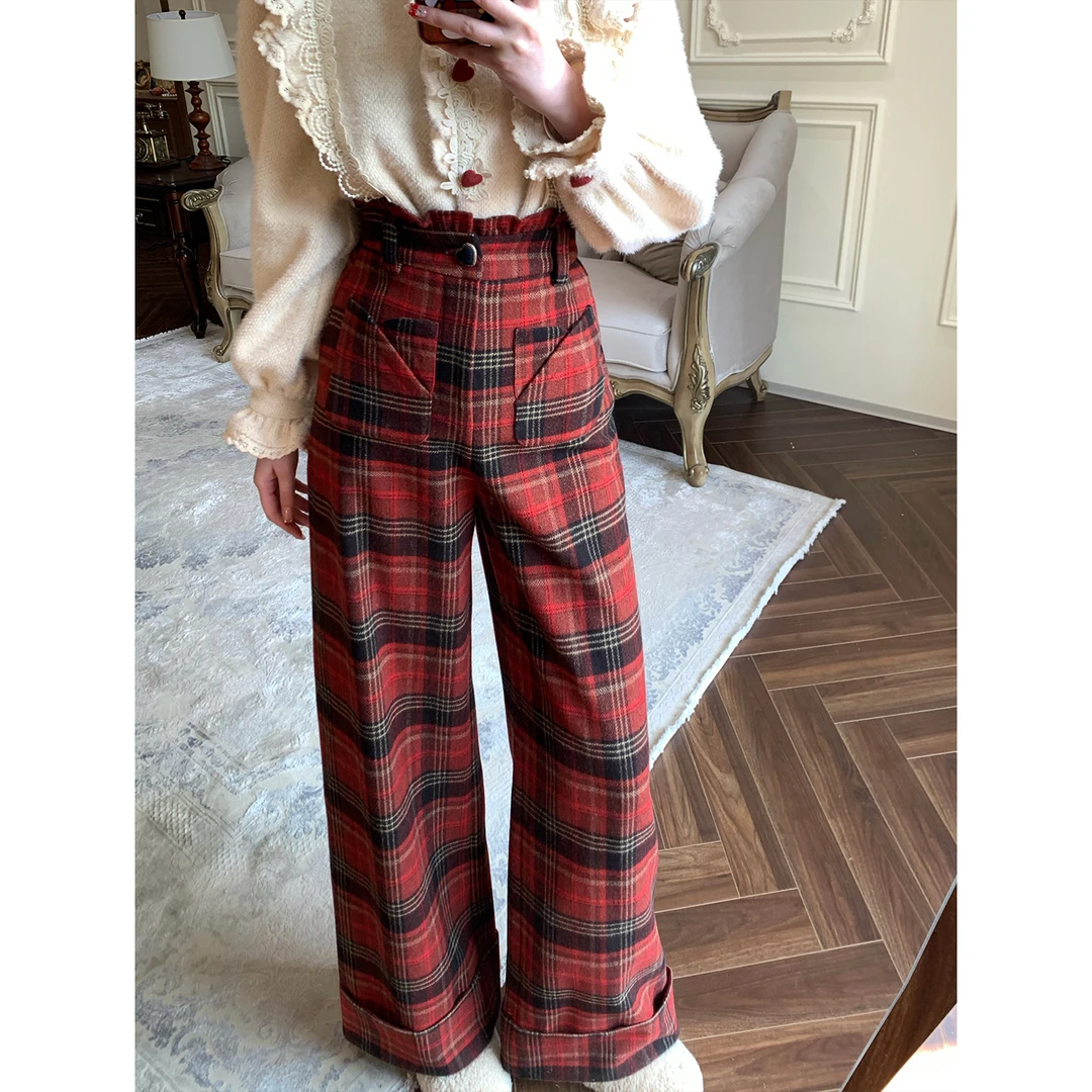 现货【一生罗曼】百搭显瘦后腰松紧格纹阔腿长裤K517