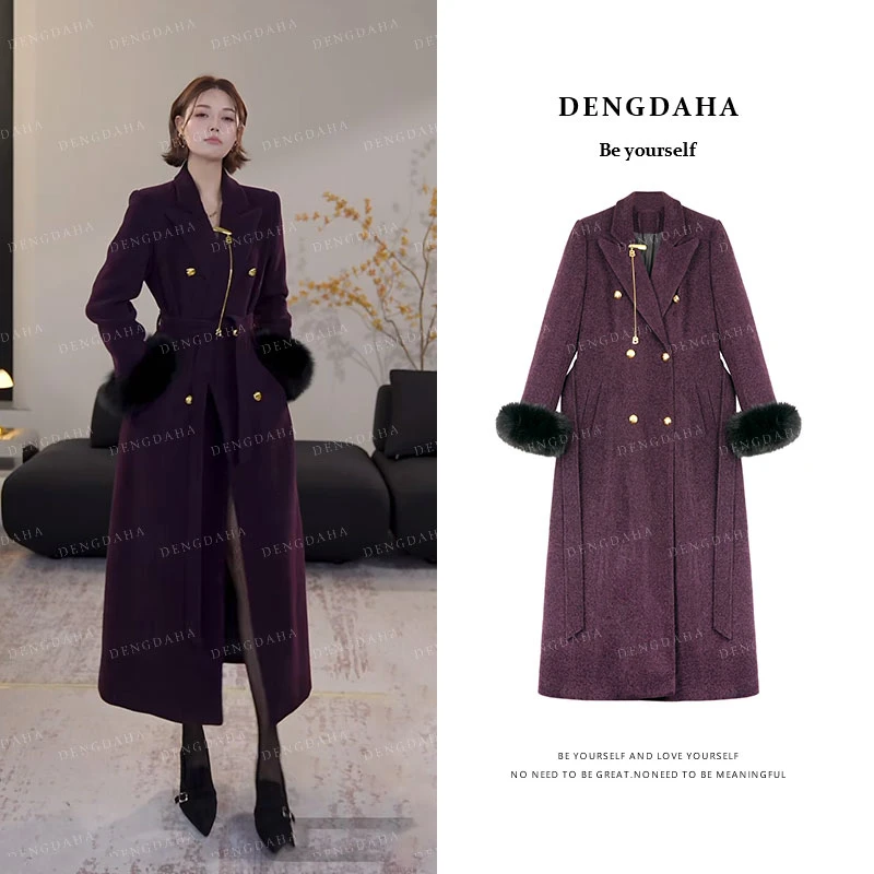 DENGDAHA「赫拉伯爵」双排扣狐狸毛袖口修身系带双面毛呢大衣A9118