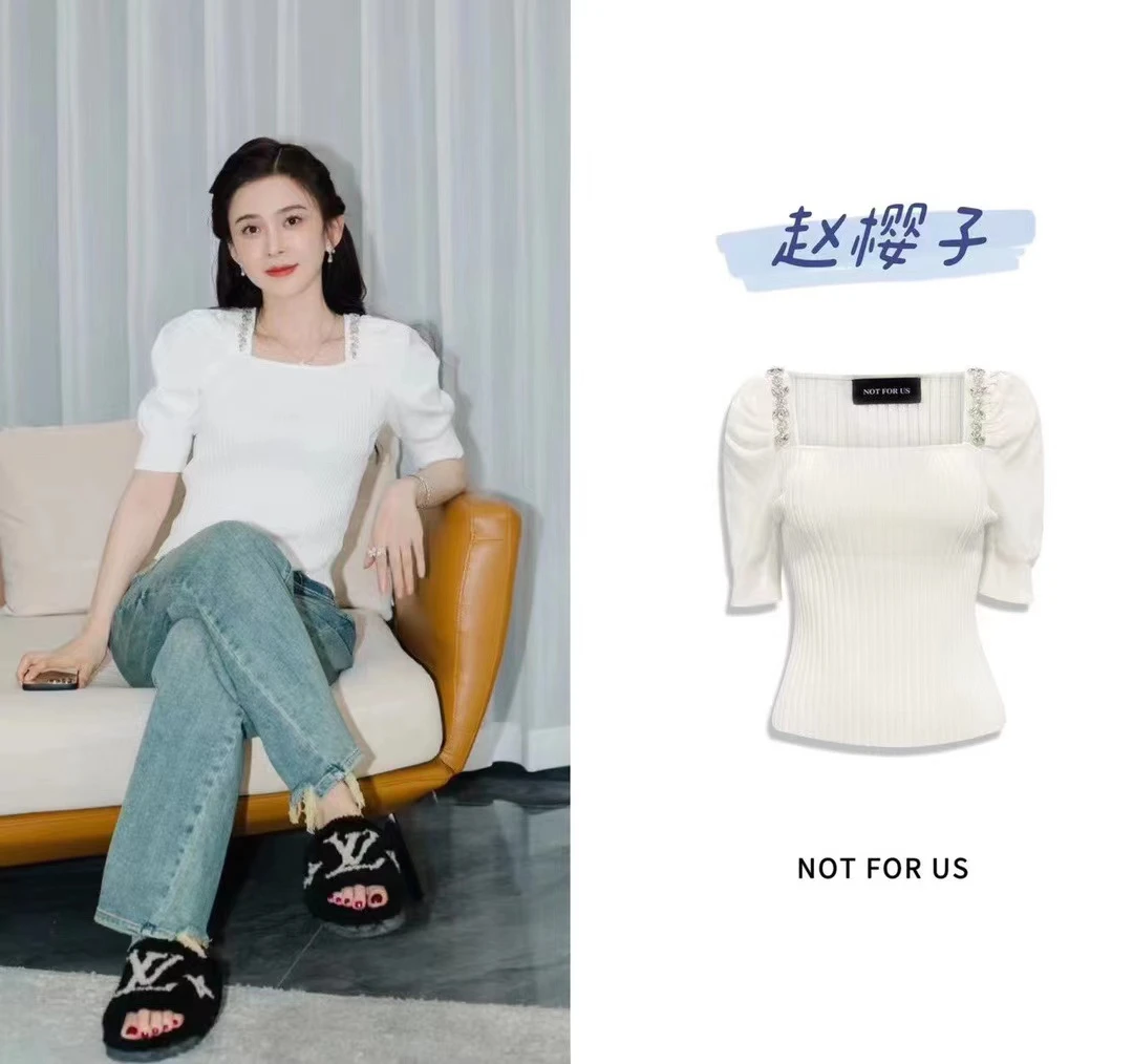 NOT FOR US 【赵樱子同款】方领针织泡泡袖短上衣