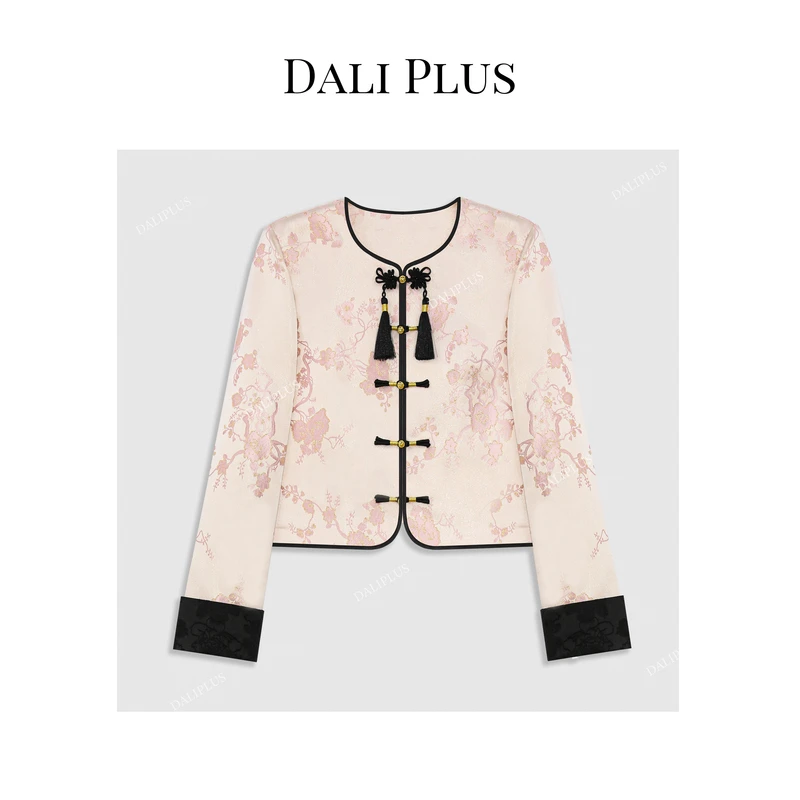 DALI PLUS新中式恋夏风黑粉暗纹提花盘扣设计上衣女外套-D4XY0035