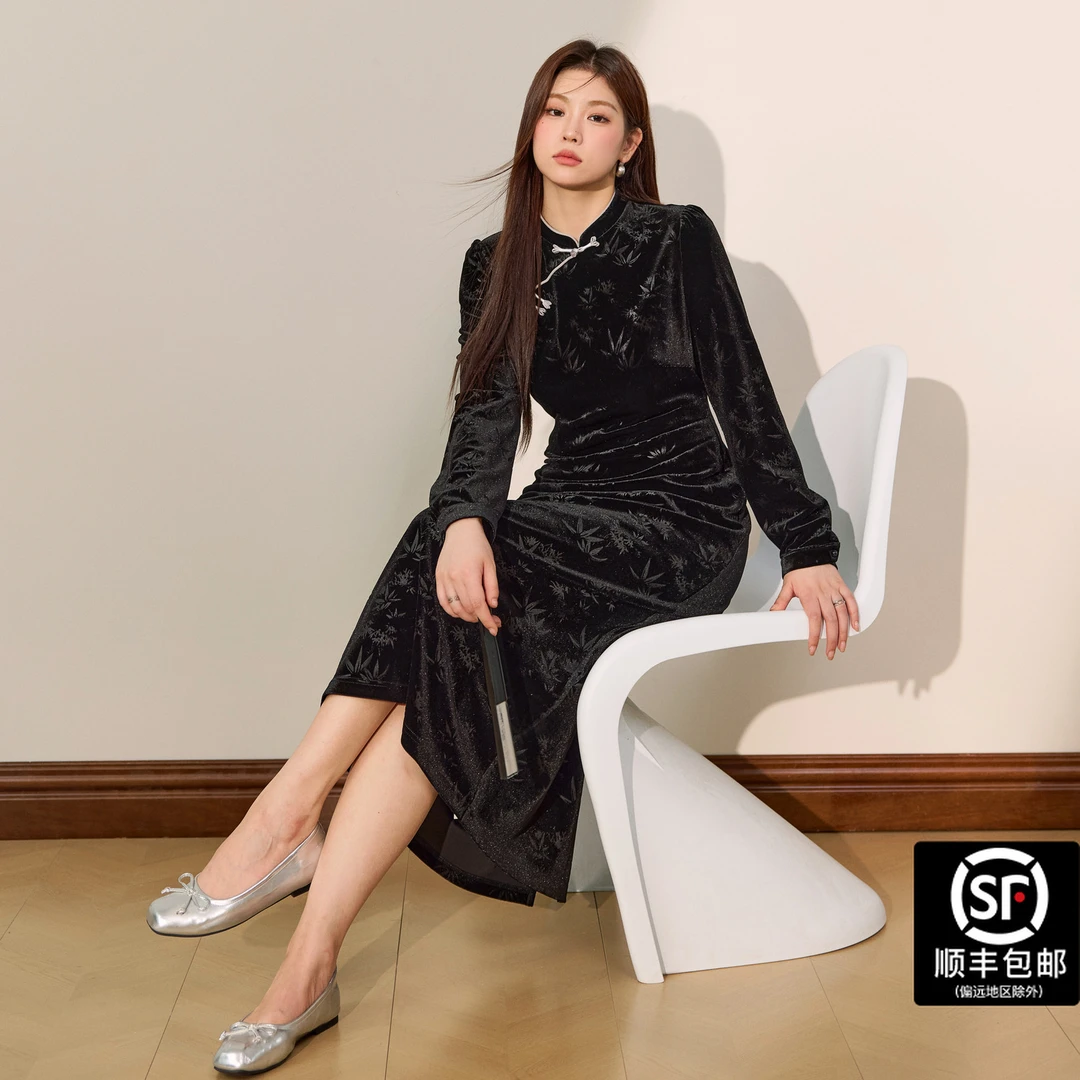 蓝语大码女装复古气质新中式印花黑色丝绒旗袍裙收腰显瘦连衣裙子