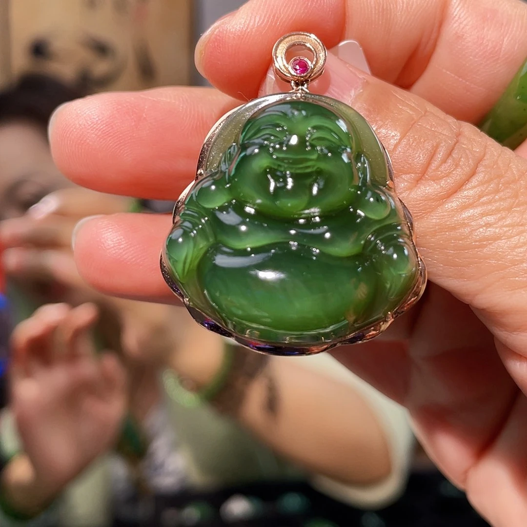 颈饰18K金镶嵌和田玉（碧玉）碧玉佛公