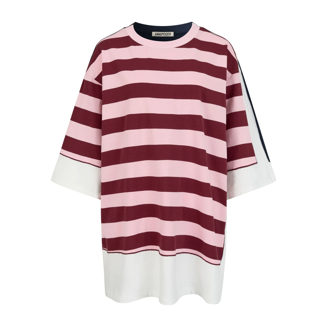 ANNAMOOER 25春夏新款松弛感条纹拼接短袖休闲百搭宽松高级感T恤