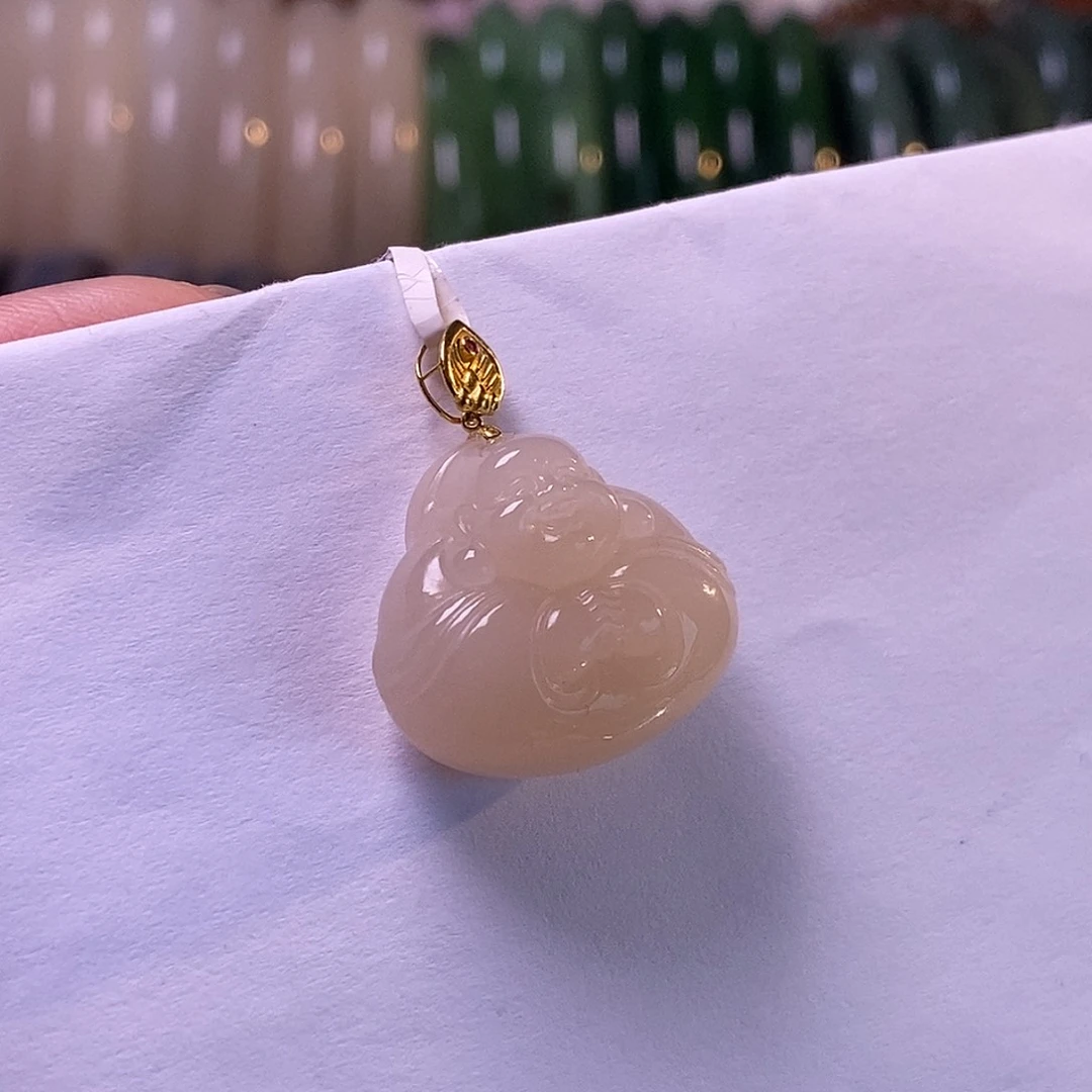 颈饰未镶嵌和田玉金镶浓藕粉抱抱佛吊坠
