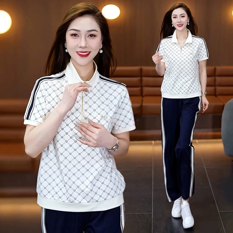 高档运动套装女夏薄时尚气质品牌印花短袖长裤宽松休闲服两件套潮
