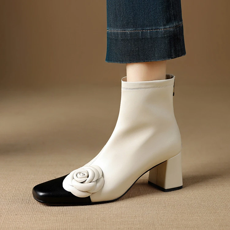牛皮~6cm秋冬新款粗跟短靴女山茶花真皮高跟拼色小香风法式瘦瘦靴