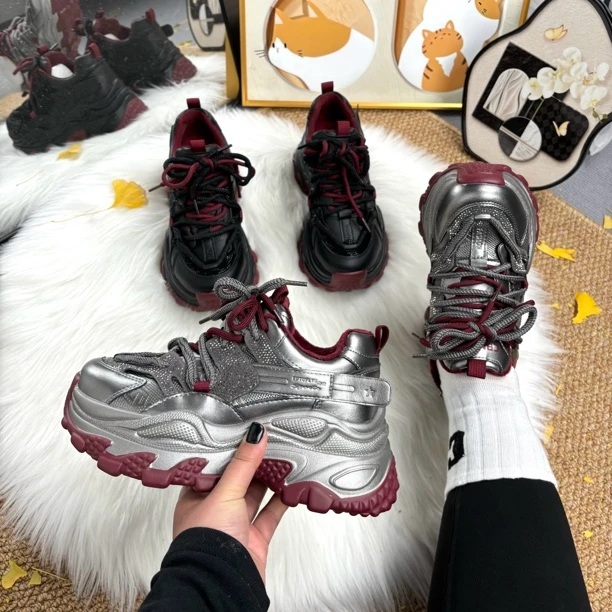 春季小个子老爹鞋秋冬时尚休闲鞋网红百搭系带厚底休闲鞋加绒女鞋