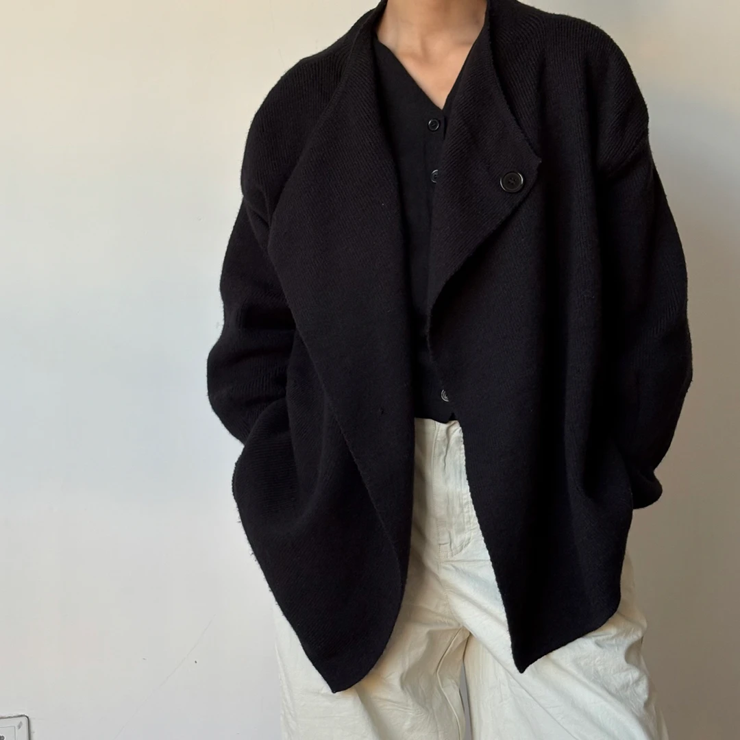 秋冬｜小立领｜短款气质不规则翻领毛外套时尚百搭女士黑色羊绒