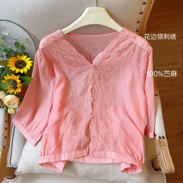 花边领重工刺绣苎麻短款上衣女文艺宽松衬衫休闲衬衣显瘦气质百搭