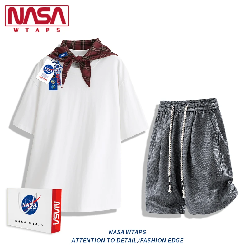 NASA WTAPS老钱风格子披肩短袖t恤套装男款夏季薄款休闲透气一套