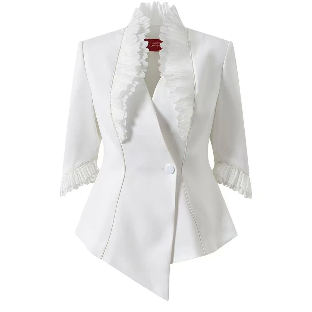 LADYPOWER《花漾》系列---花边连立领七分花边袖不对称单上衣71990A