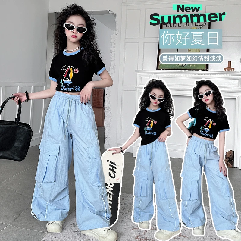 女童夏季工装裤套装2025新款6-12岁15岁中大童洋气休闲短袖两件套