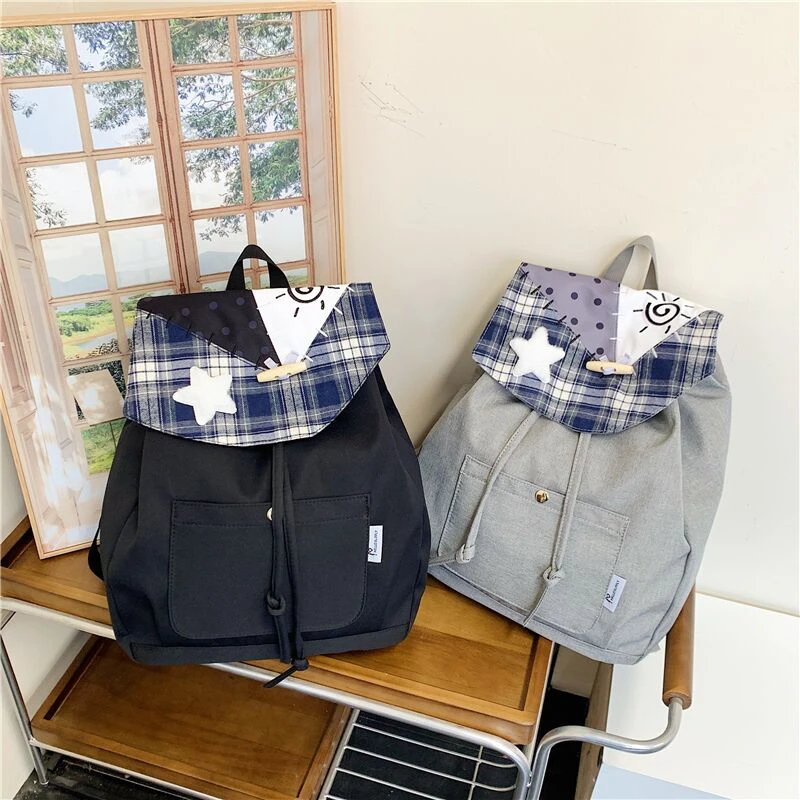 美少女studio【韩国牛仔新款书包通勤双肩包大容量星星格纹拼接