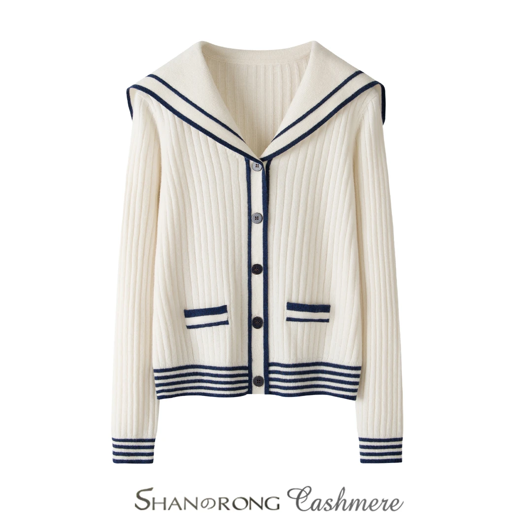水手童话 100%纯山羊绒针织衫海军领秋季毛衣开衫学院风撞色条纹