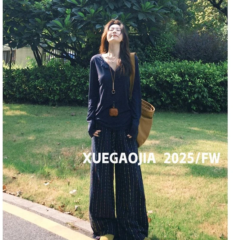 DAHUAN大荒家 简单大方藏青色宽松长袖t恤女秋新款高级感上衣