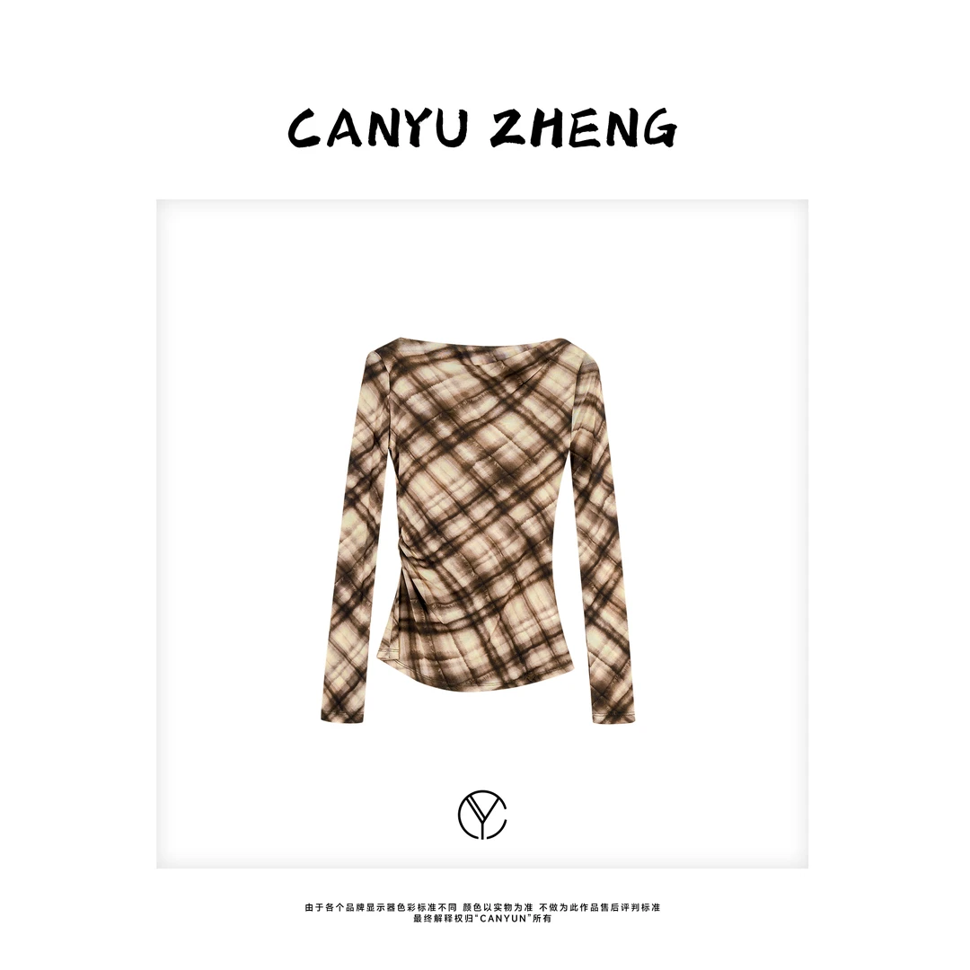 CANYU ”予你“ 墨染格纹印花不对称松紧褶荡领长袖上衣