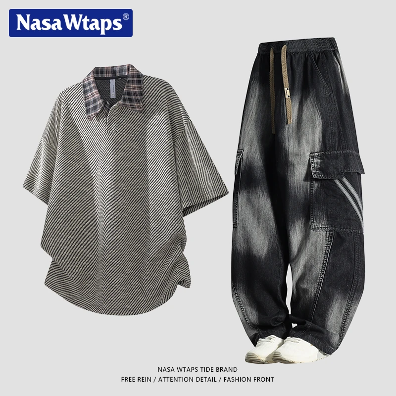 NASA WTAPS独特好看短袖POLO衫套装男夏季宽松休闲条纹短袖两件装